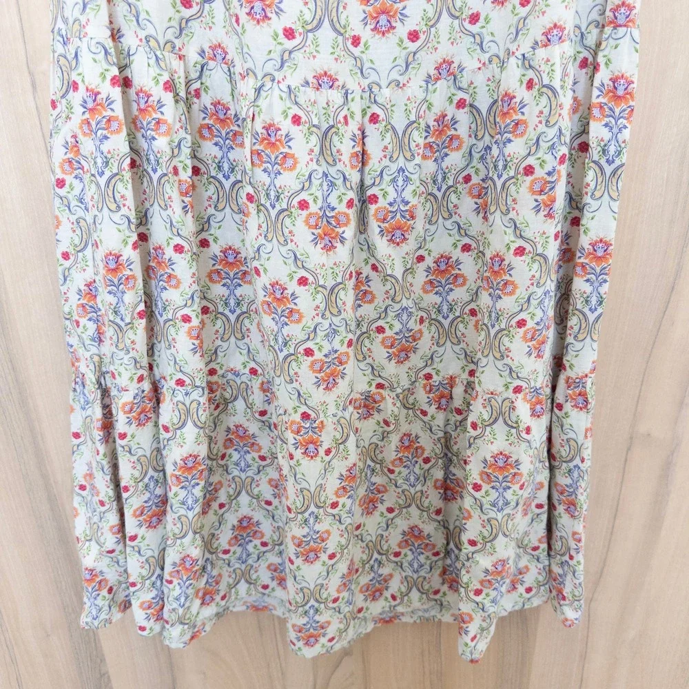 Cynthia Rowley Linen Maxi Skirt Medium Floral Damask Tiered Boho Cottage Coastal